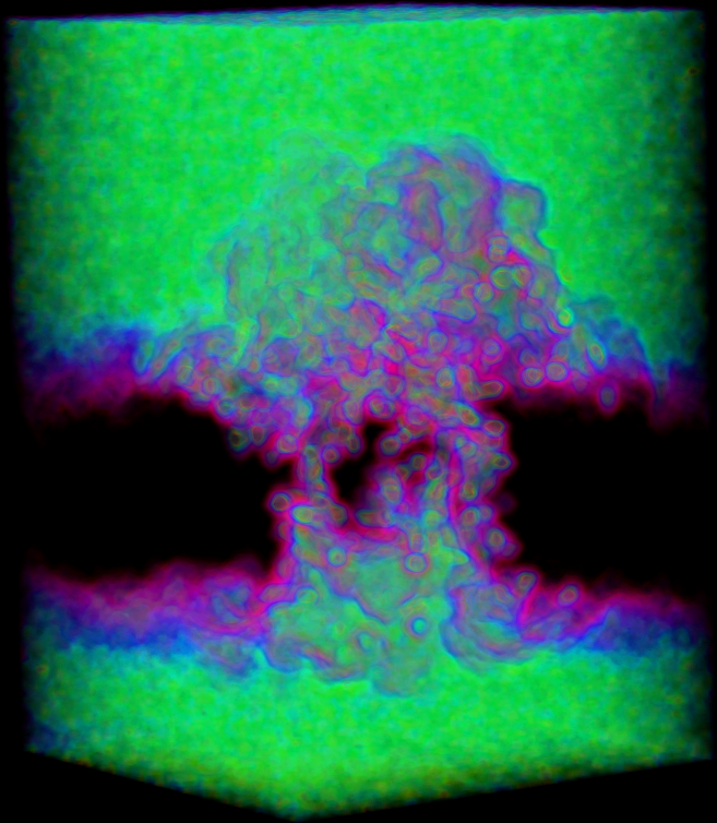 
	  A volumetric rendering depicting water density
	  around an iron transport protein embedded in a membrane.
	