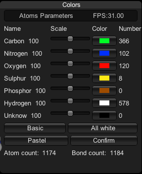 Pannel for selecting Atoms Color in UnityMol.
